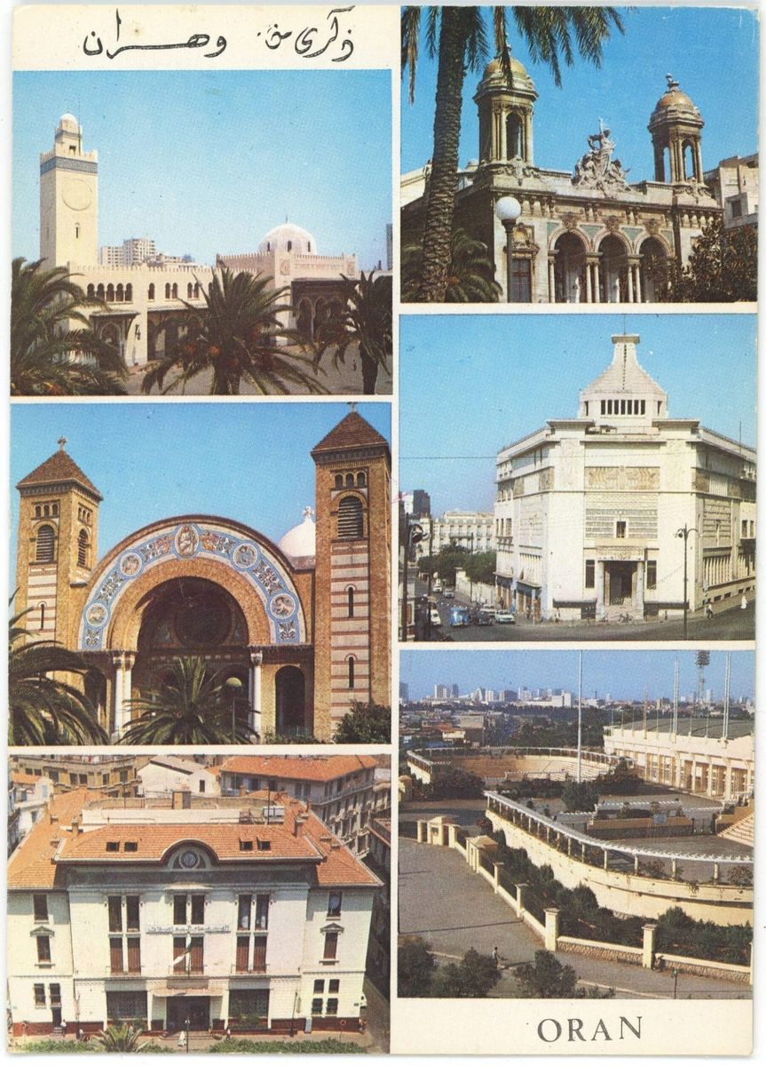 Vintage postcard of Oran showing six city landmarks